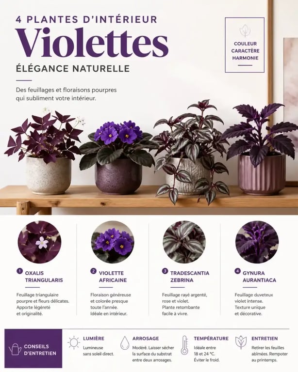 Variétés de plantes d'intérieur violettes pour la décoration