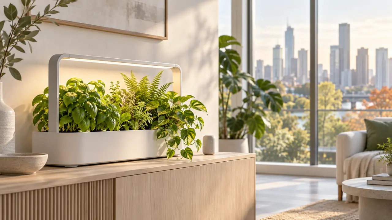 Plantes d'intérieur et terrarium connecté éclairés par une lumière LED douce