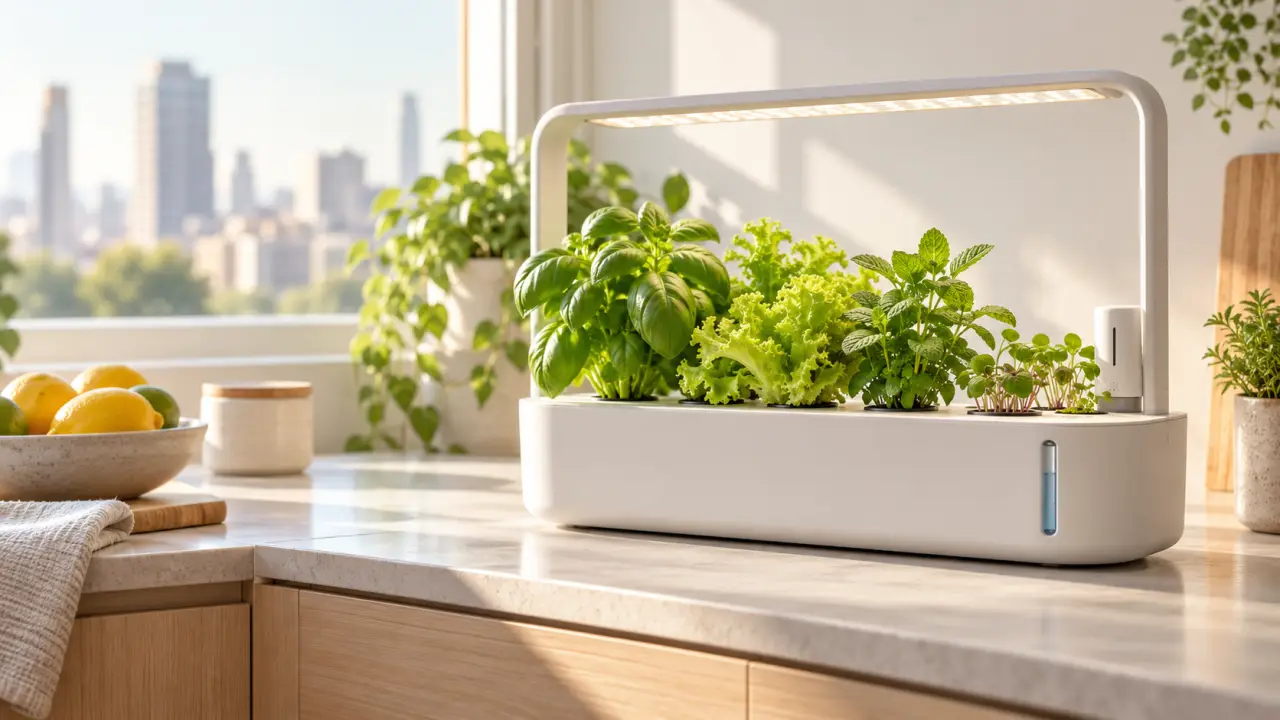 Potager hydroponique connecté avec des herbes aromatiques dans un intérieur lumineux