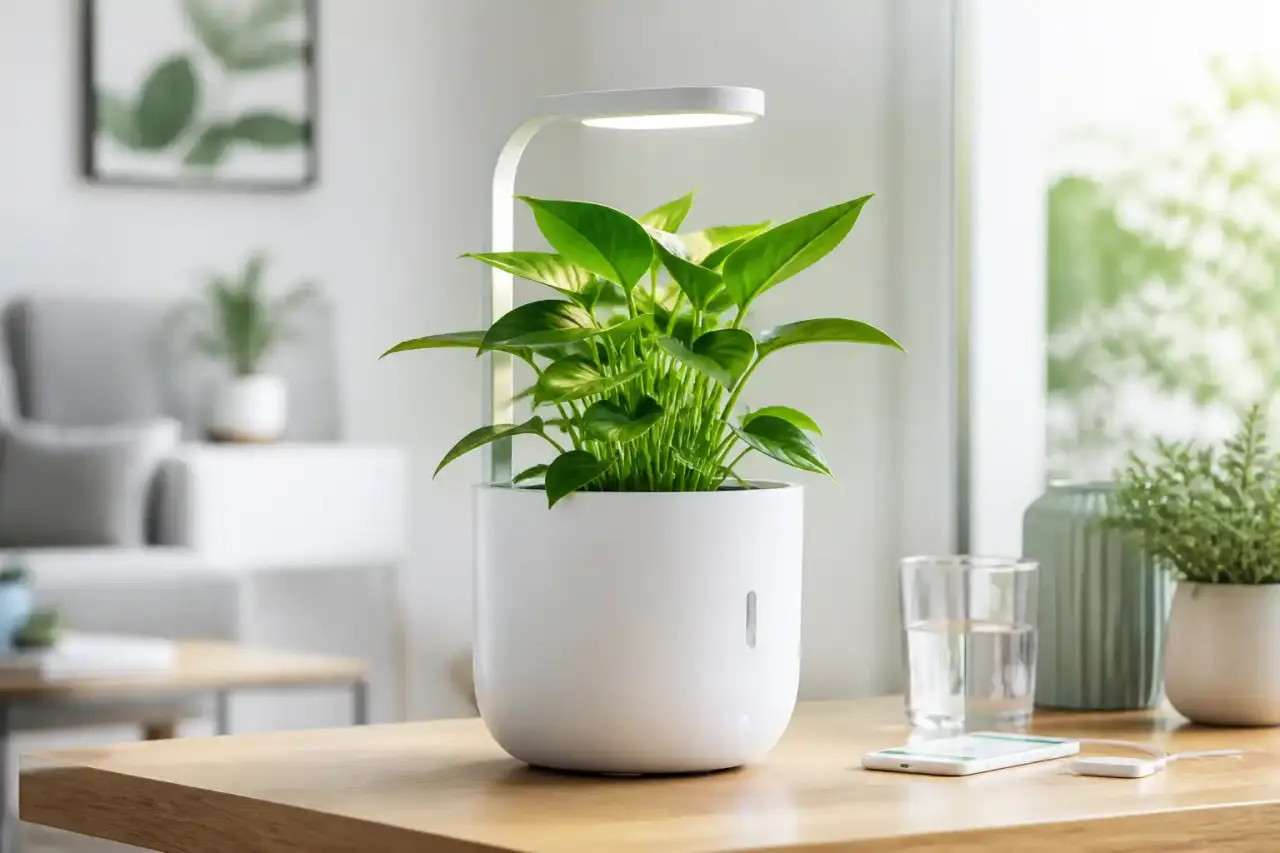 Salon moderne et minimaliste avec terrarium connecté, plantes luxuriantes et éclairage LED discret