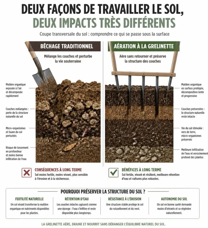 Comparaison entre le bêchage traditionnel et l'aération à la grelinette pour le potager