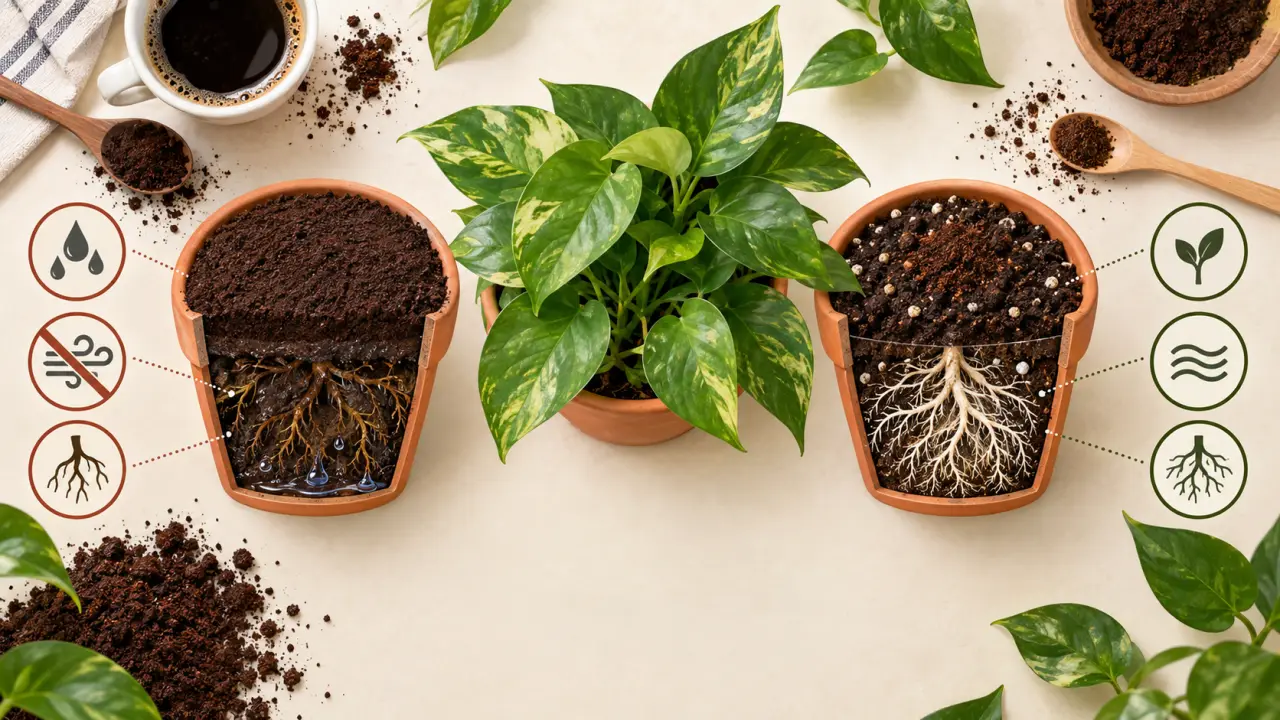 Marc de café pour plantes d’intérieur : pourquoi une couche épaisse fragilise les racines