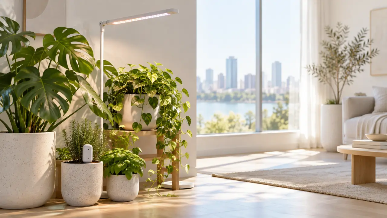 Lampe LED de croissance éclairant des plantes d’intérieur dans un salon minimaliste